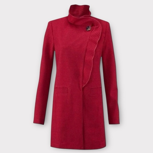 CAbi Jackets & Blazers - CAbi Red Houndstooth Long Coat S Chic Elegant Ponte Asymmetrical Ruffle Peacoat